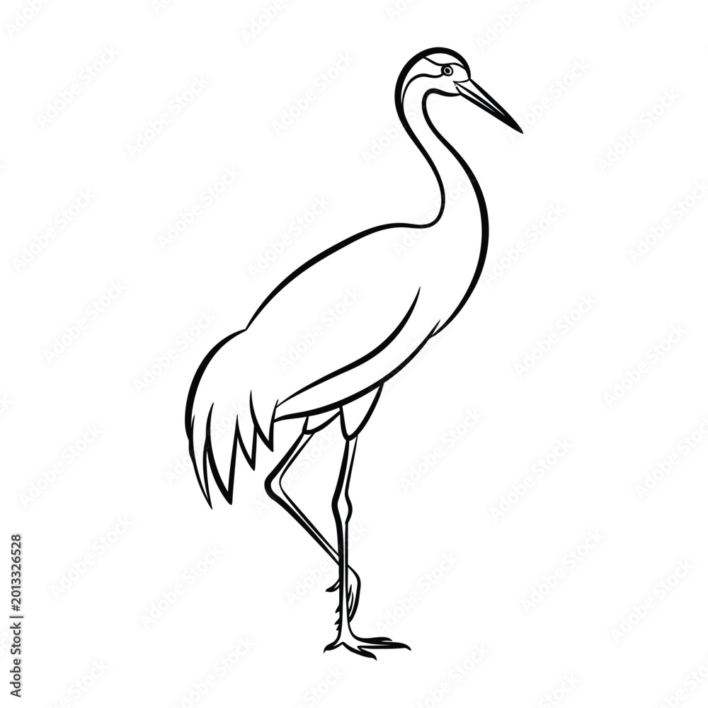 Fototapeta premium Minimalist line art illustration of a tall standing crane bird isolated on a white background for creative design projects