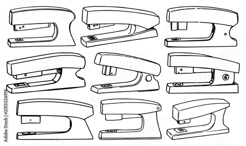 Fotografie Stapler set with black line art illustration on white background featuring offic