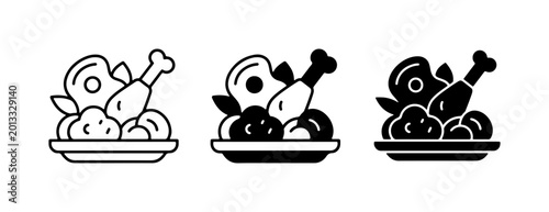 Dinner Plate Icons, Meat and Vegetables, Food Vector Set