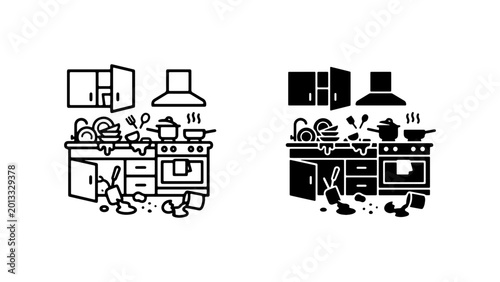 Foto Messy Kitchen Vector Icons, Dirty Dishes, Clutter, Home Chaos