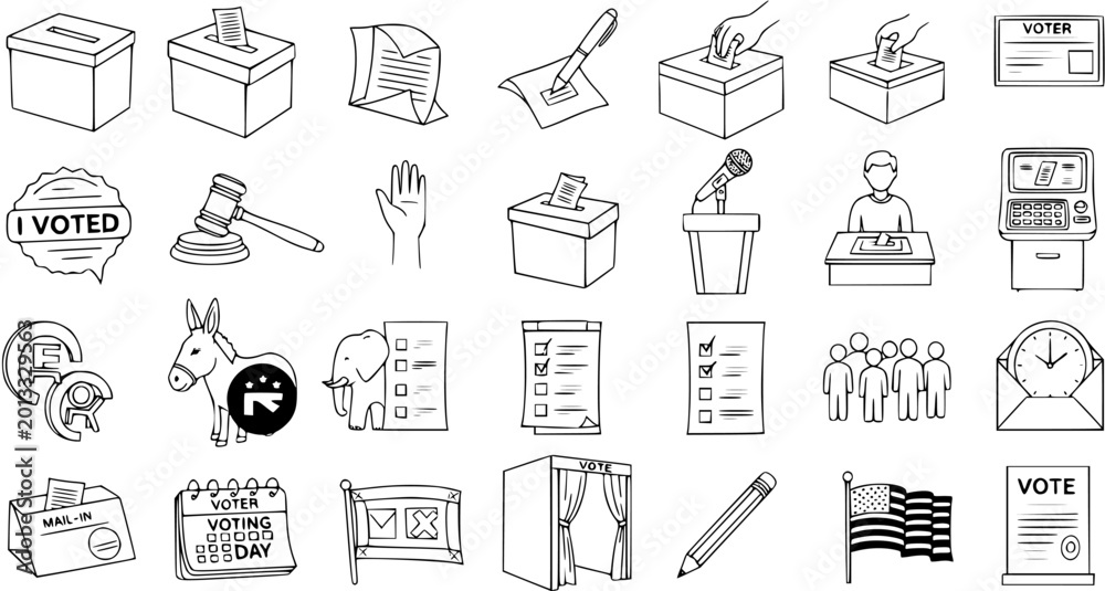 Fototapeta premium Election Doodle Icon Set: Hand-Drawn Voting Symbols