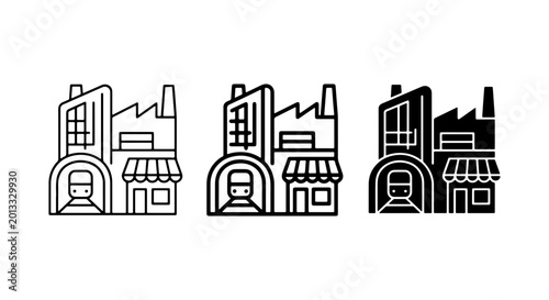 Factory Building Icons, Industrial Production Vector Graphics, Manufacturing Plant Set