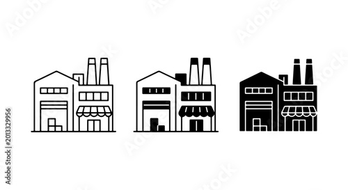 Factory Icons: Industrial Building Vector Graphics, Manufacturing Plant Set