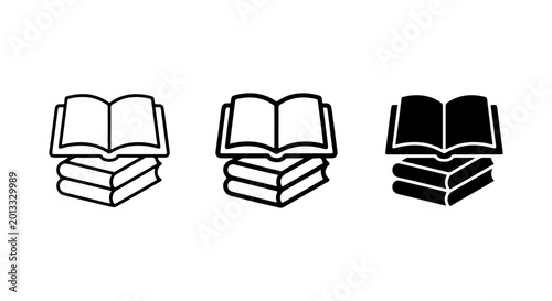 Open Books Icons Set, Stacked Literature Symbols, Knowledge Education Vector Graphics