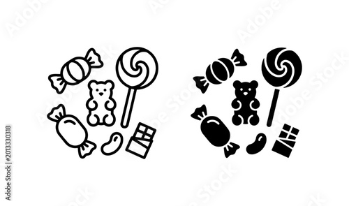 Bild auf Leinwand Sweet Candy Icons, Gummy Bears, Lollipops, Chocolate Bars, Jelly Beans