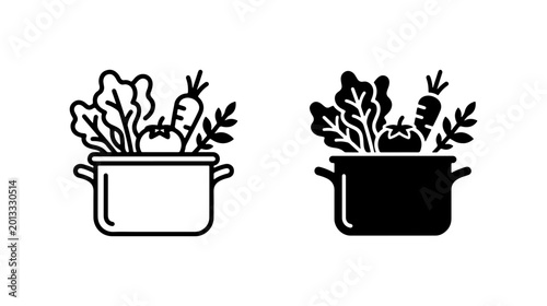 Tableau sur toile Fresh Vegetables in Cooking Pot Icons, Healthy Food Ingredients, Culinary Vector