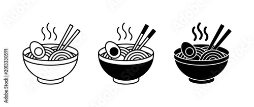 Foto Ramen Bowl Icons: Hot Noodle Soup, Chopsticks, Egg, Vector Set