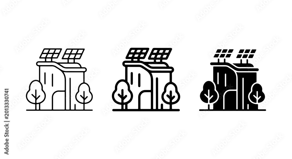 Naklejka premium Solar Powered Building Icons, Green Energy Architecture Set, Eco-Friendly House Graphics