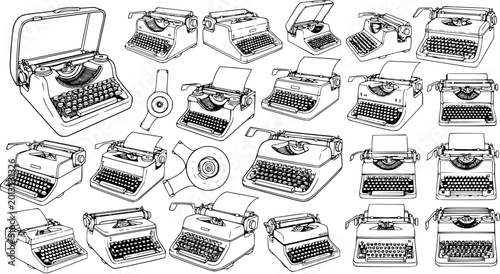 Foto Vintage Typewriter Mania: A Retro Collection of Mechanical Writing Icons in Vect