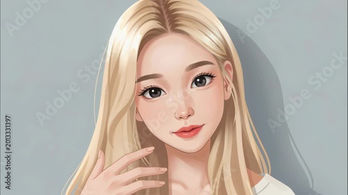 Serene Portrait: Captivating portrayal of a young, fair-haired individual, her gaze both inviting and introspective, against a soft backdrop.