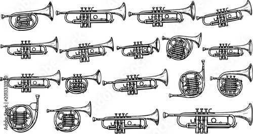 Foto Seamless pattern with hand-drawn brass musical instruments: various trumpets and French horns in a black and white sketch style