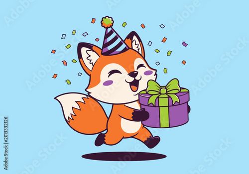 Cute cartoon fox holding gift and wearing party hat