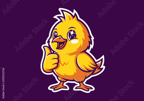 Cute cartoon yellow chick mascot giving a thumbs up