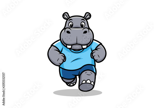 Cute hippopotamus mascot running in blue athletic outfit