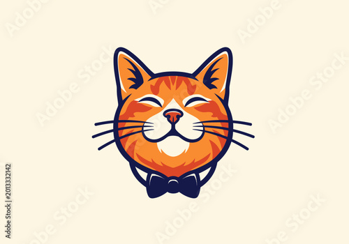 Cute orange cat mascot wearing a dark blue bow tie