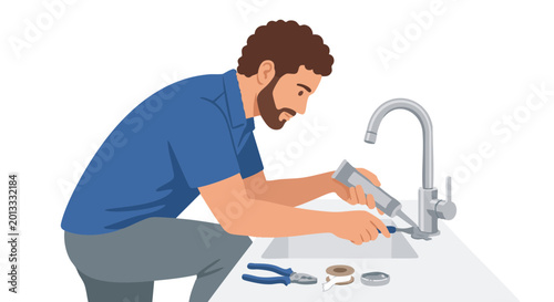Man applying sealant to faucet while working in kitchen  