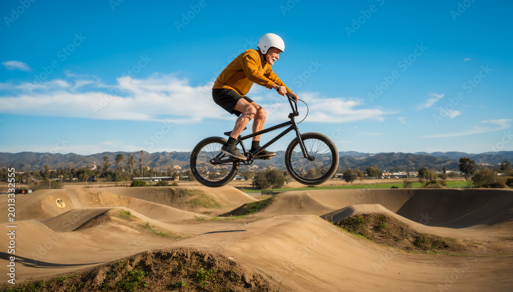 Fototapeta premium Skillful cyclist performing an impressive aerial trick on a BMX bike at a dirt pump track course under a clear blue sky during a sunny day capturing extreme outdoor sports action