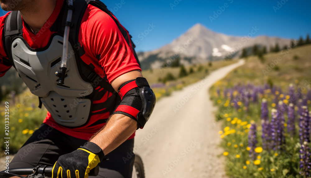 Obraz premium Close up view of a mountain biker wearing professional body armor and protective gear while riding on a scenic trail with a mountain peak and wildflowers in the background