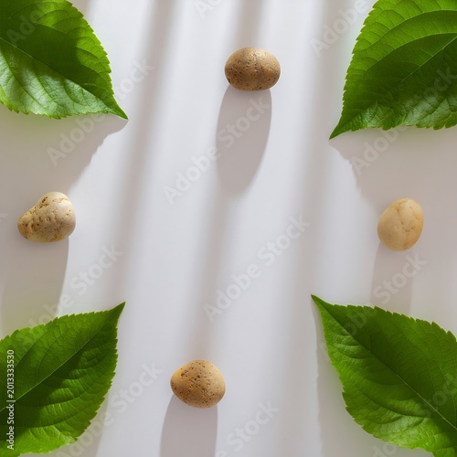 Minimalist composition of hazelnuts and green leaves on a white background.