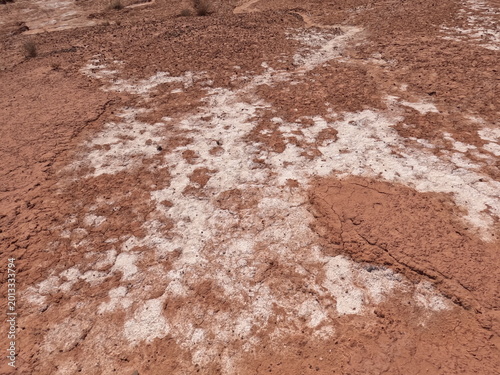 white salt deposits spreading across dry, reddish desert soil In arid environments