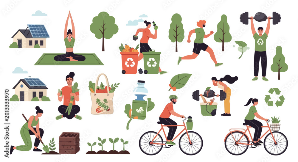 Fototapeta premium Sustainable living and healthy lifestyle concept illustration on white background