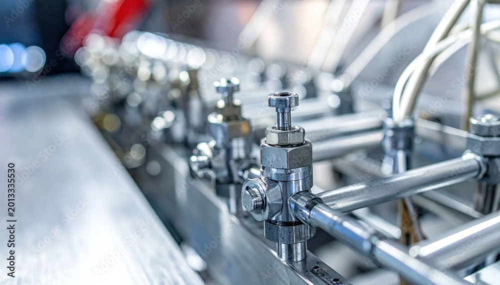 Fototapeta premium Close-up view of multiple industrial stainless steel valves and piping system in a manufacturing facility