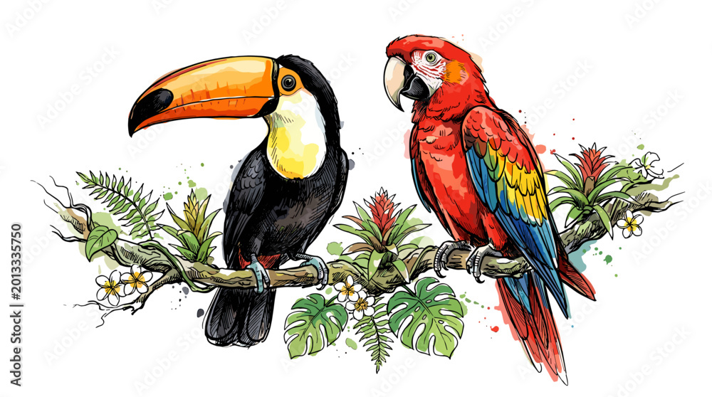 Fototapeta premium Colorful toucan and parrot perched on lush green branch