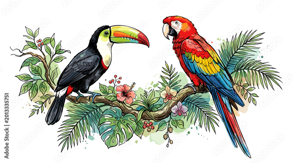 Fototapeta premium Colorful tropical birds perched on lush green branches