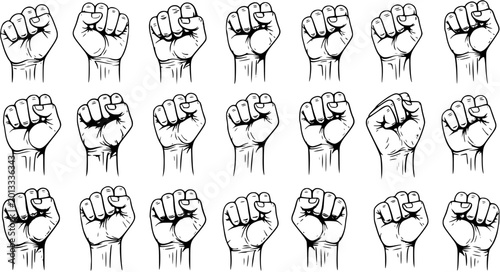 Bild auf Leinwand Raised Fists Pattern Vector Art - Black and White Clenched Hands Symbolizing Power, Protest, Revolution, Solidarity, and Resistance