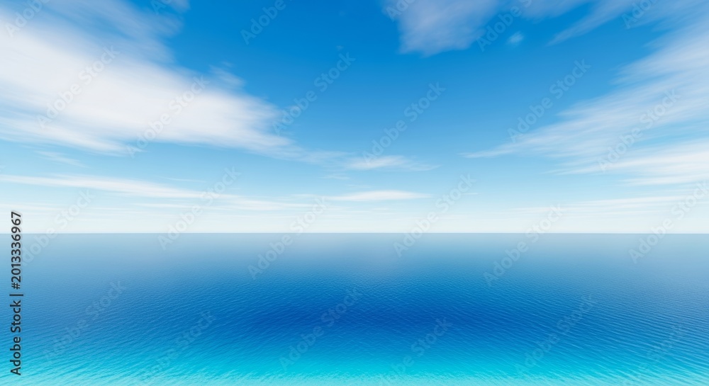 Fototapeta premium An expansive panoramic view of a deep blue ocean stretching toward a distant horizon under a bright sky with soft, wispy white clouds, ocean, peaceful, aquatic