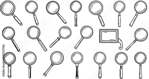 Bild auf Leinwand Hand-Drawn Magnifying Glass Collection in Doodle Sketch Style