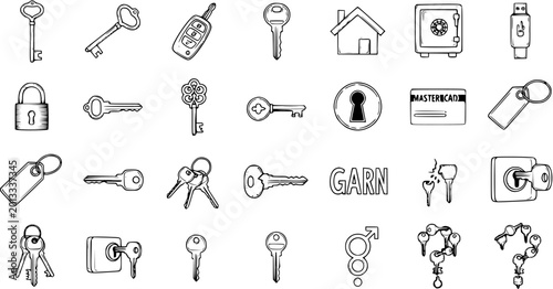Fotografie Hand Drawn Key and Security Doodle Icons Set