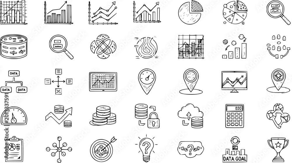 Fototapeta premium Hand-drawn Data Analysis Business Icons Set. Doodle collection for analytics, finance, strategy, and statistics concepts.