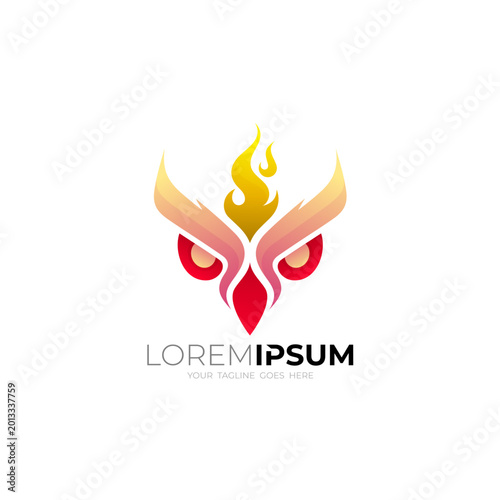 owl logo with bulging eyes and a burning fire, red color and 3d style