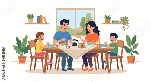 Family enjoying breakfast together at home celebrating Parents Day  