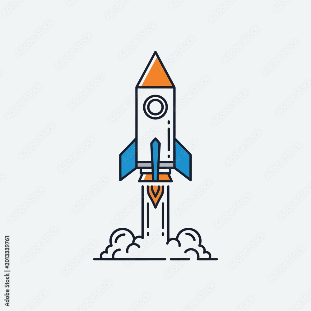 Fototapeta premium Cartoon Rocket Launching with Smoke and Flames Illustration.
