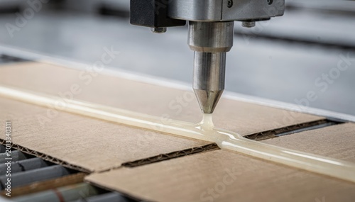 Medium shot of hotmelt adhesive smoothly applied on cardboard flaps highlighting glossy texture and precise machine nozzle in industrial packing process.