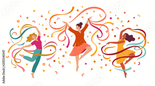 Konstfotografi Three Dancers Celebrate with Ribbon Streams in a Colorful, Energetic Performance