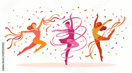 Fotografie Dancing performers with colorful ribbons and confetti celebrating on stage
