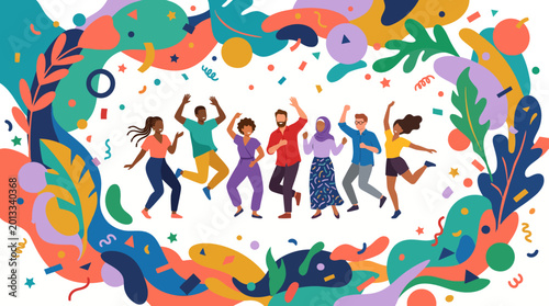 Bild auf Leinwand Vibrant group of people dancing and celebrating in a colorful abstract scene