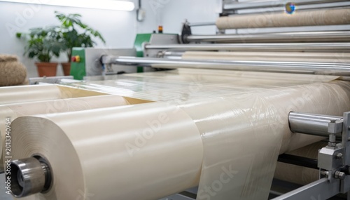 Medium shot showing waterbased biobarrier coatings being evenly applied on industrial packaging rolls emphasizing clean nontoxic plantderived materials for food protection.