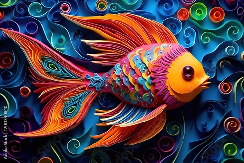 Vibrant Quilling Art Goldfish with Flowing Colorful Paper Fins on Abstract Floral Background