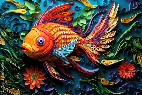 Vibrant Quilling Art Goldfish with Flowing Colorful Paper Fins on Abstract Floral Background