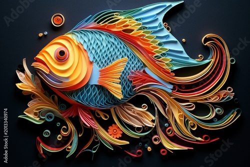 Vibrant Quilling Art Goldfish with Flowing Colorful Paper Fins on Abstract Floral Background