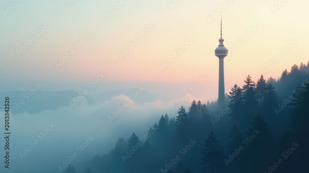 Obraz premium Serene Sunrise A Tall Tower Stands Above a Misty Mountain Forest at Dawn