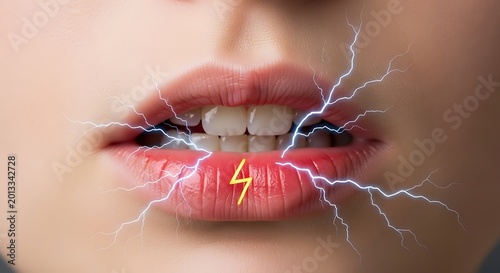 Human lips with electric lightning bolts representing sensitive skin or sharp stinging nerve pain.