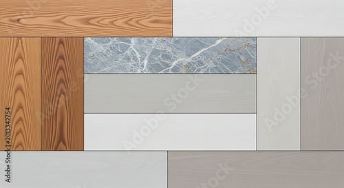Variety of wood and marble textures creating a geometric pattern background for design.