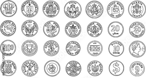 Konstfotografi Detailed Black and White Line Art Coin Collection: 30 Unique Vintage-Style Money