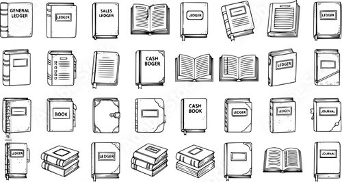 Bild auf Leinwand Hand-Drawn Accounting Ledgers and Journal Books Icon Set