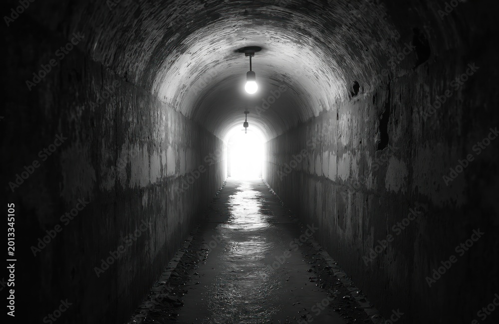 Obraz premium Dark, wet concrete tunnel with old light bulbs leads to bright exit. Creepy underground passage with grunge texture and puddles on floor. Historic WWII bunker interior.